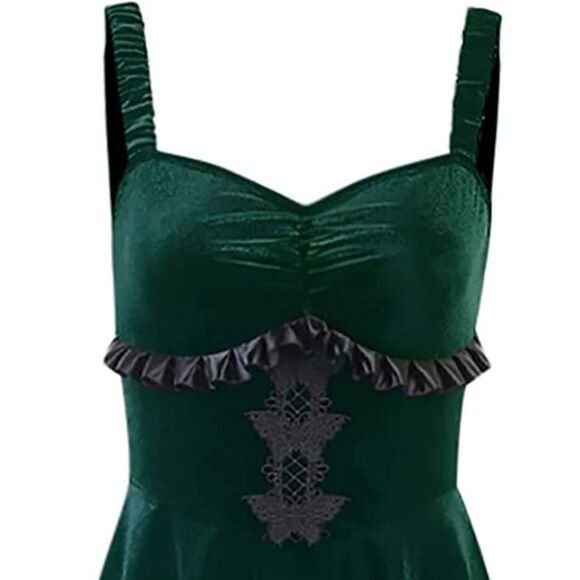 Gothic Retro Green Velvet Butterflies Patchwork Steampunk Party Dress SIZE L NEW - Picture 4 of 14